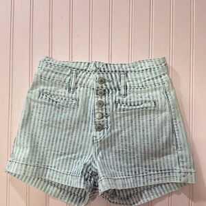 KanCan Light Blue Striped High-Rise Button-Fly Jean Shorts